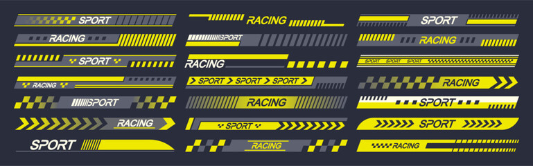 Sports Car Stickers Feature Vector Designs With Symbols Of Speed, Arrows And Racing Stripes, Symbolizing Power Velocity - 779853267