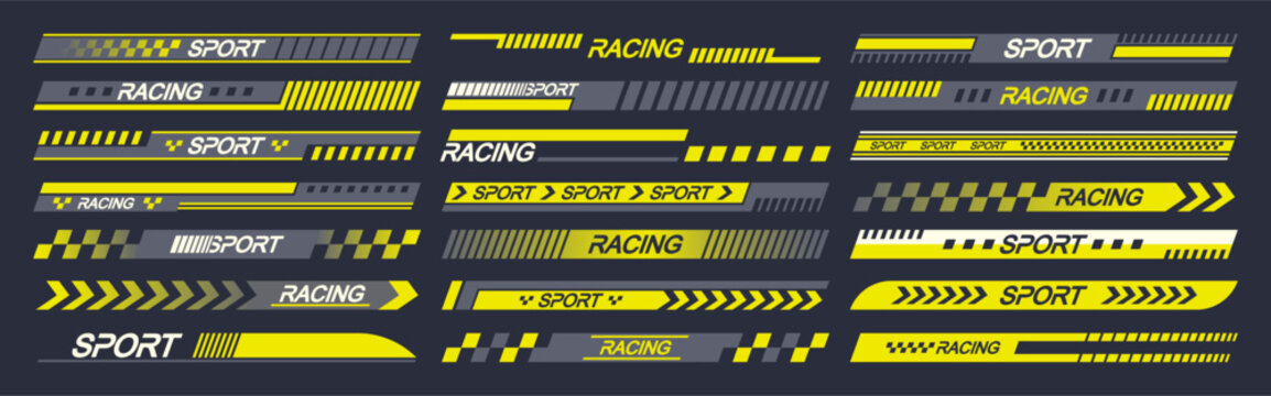 Sports Car Stickers Feature Vector Designs With Symbols Of Speed, Arrows And Racing Stripes, Symbolizing Power Velocity