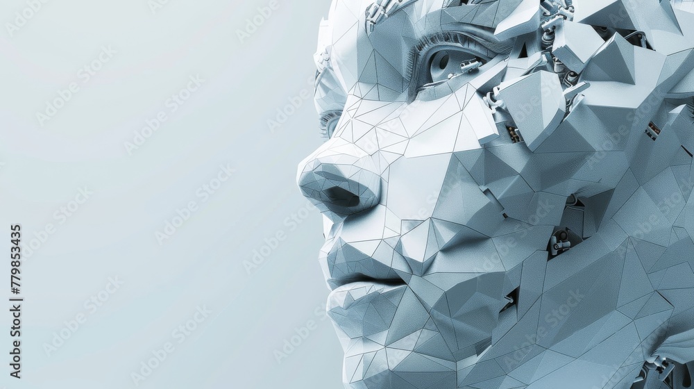 Poster an artificial intelligence concept in the form of a polygonal human face. shown in 3d as an example 