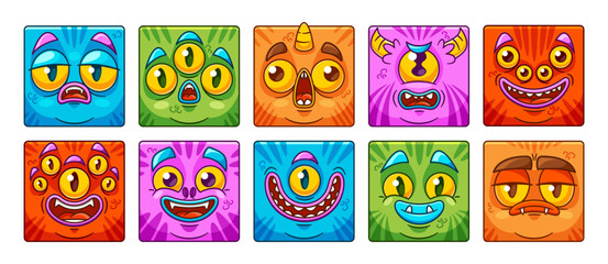 Square Icons Or Avatars Of Monster Faces Feature Cartoon Characters With Expressive Features, With Vivid Colors - 779853412