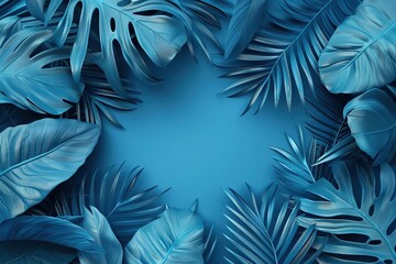 Tropical leaves frame. Blue color tropics foliage on a blue solid background. Empty space in the center for product presentation. Flat lay, top view, copy space. Summer concept, minimalists style