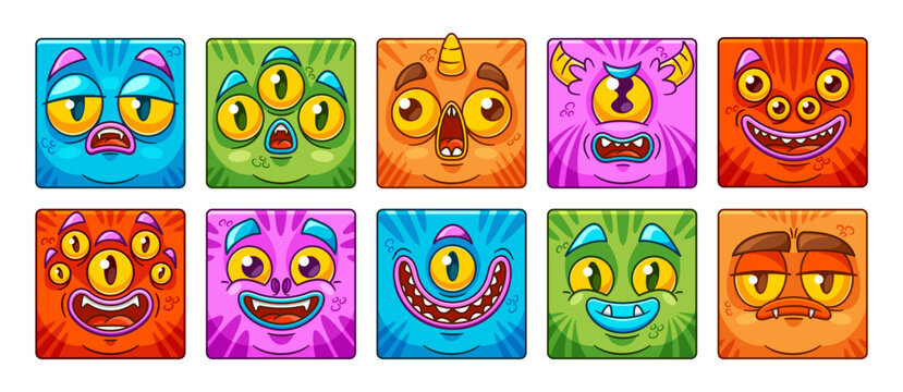 Square Icons Or Avatars Of Monster Faces Feature Cartoon Characters With Expressive Features, With Vivid Colors