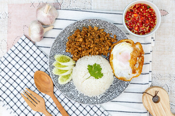 Traditional Thai street food, Sweet pork rice with Egg