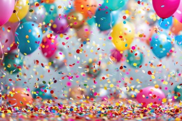 A joyful celebration with confetti and balloons.