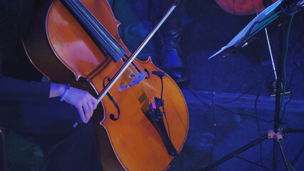 Close-up of a cello, emphasizing its wooden texture and intricate details. The image captures the essence of the instrument. A human hand with a bow guides the strings.