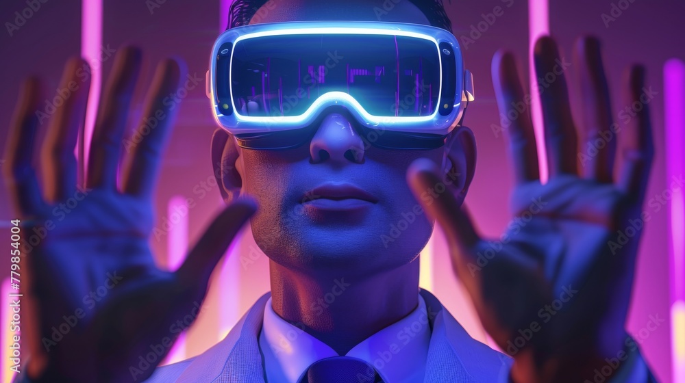 Poster using virtual reality glasses and a touch-screen interface, billy, a businessman, uses virtual reali