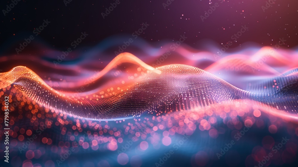 Poster Concept of modern digital age network with moving lines and dots. Futuristic abstract background concept displaying connectivity, complexity, and data flood.