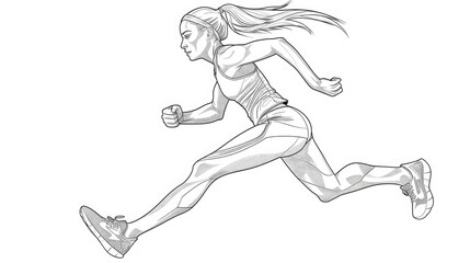 Fototapeta premium athletic girl in sportswear with prominent muscles runs on a white background, beautiful, fitness, training, woman, runner, athlete, lifestyle, portrait, people, hair, person, illustration, drawing
