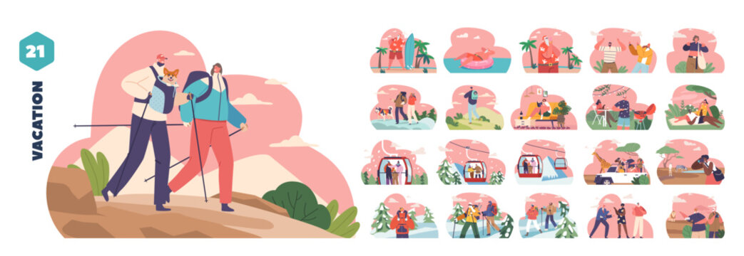 Isolated Vector Elements With Adventurous Characters On Vacation. Cartoon People Relax On Beach, Safari Park Or Barbecue