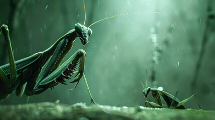 The Tense Encounter of Praying Mantises Captured in a Dramatic Rain-Soaked Setting