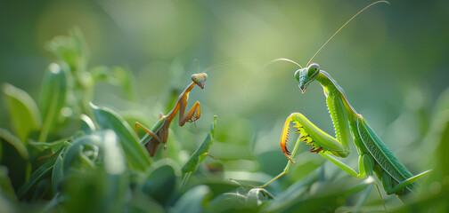 Vibrant Praying Mantis Pair on a Leaf, an Intimate Portrait of Insect Interaction and Natural Beauty