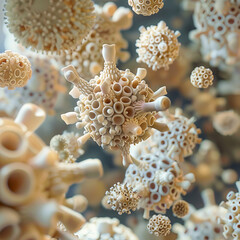 Microscopic View of Pollen Particles in an Artistic 3D Render Highlighting Complex Structures