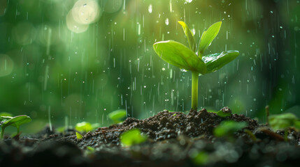 Young Plant Sprouting from Soil with Raindrops, Symbolizing Growth and the Onset of Monsoon - obrazy, fototapety, plakaty