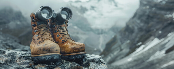 Hiking Boots and Binoculars on Mountain Terrain, Adventure Theme with a Feel of Exploration