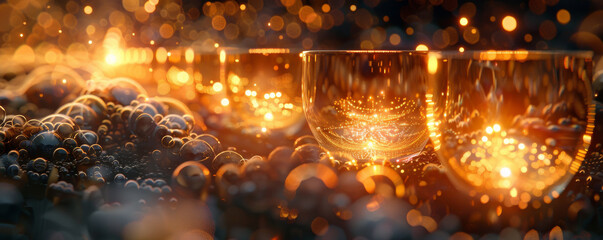 Enigmatic Wine Glasses Among Glittering Orbs Creating a Festive Atmosphere with Warm Golden Light