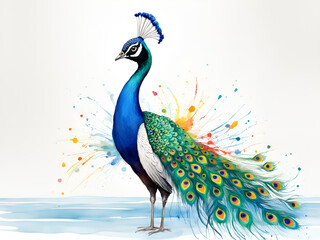 Fototapeta premium Dancing male peacock, peacock art painting, a peacock opening in a colorful scene.