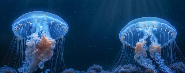 Bioluminescent Jellyfish Serenely Floating in the Dark Blue Abyss of the Ocean