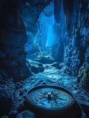 Antique Compass on Rocky Surface Illuminated by Torchlight in a Mysterious Underground Cave