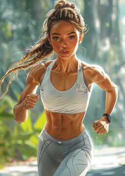 athletic girl in sportswear with prominent muscles runs, palm trees, nature, beautiful, fitness, training, woman, runner, athlete, lifestyle, portrait, people, hair, person, illustration, drawing