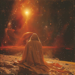 Emissary of Peace in Flowing Robes Watching Over a Celestial Event on Distant World