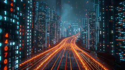 Rendering of abstract highway path through digital binary towers of a city. Technology concept of big data, machine learning, artificial intelligence, hyper loop, virtual reality, and high-speed