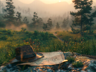 Dawn's Light on Explorer's Hat and Ancient Map in Wilderness Setting