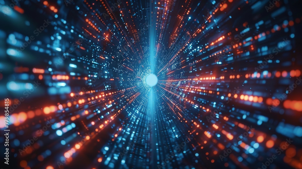 Aufkleber This is a 3D rendering of warp speed in a hyper loop at night with blurred light from buildings' lights in a mega city. Concept of next generation technology, fintech, big data, 5G fast network, and