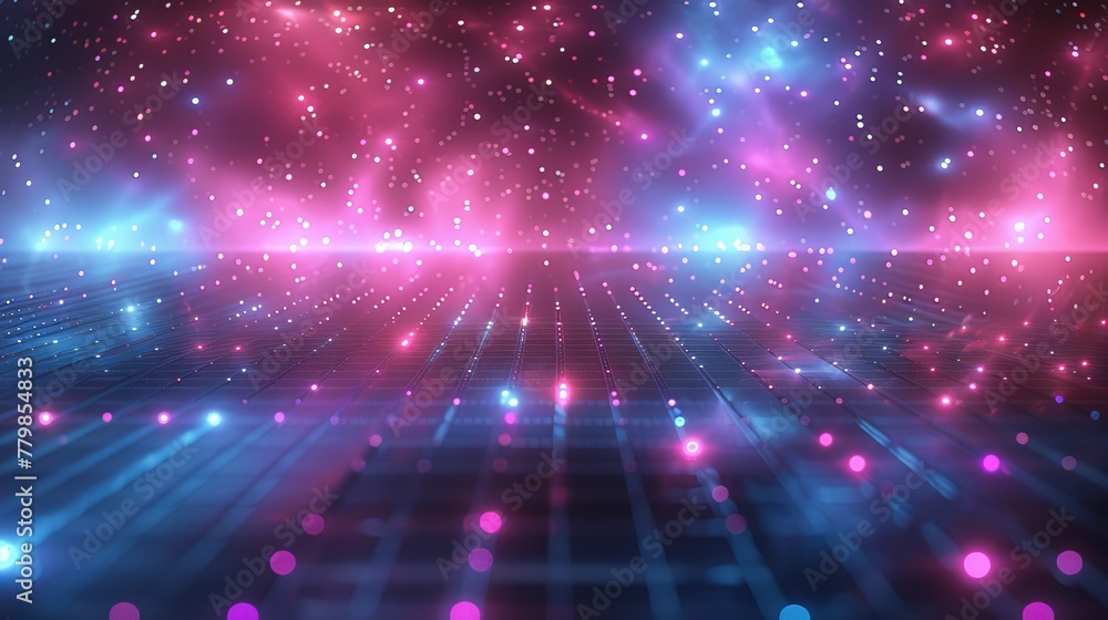 Poster Synthwave wireframe net illustration. Abstract digital background. 80s, 90s Retro futurism, Retro wave cyber grid. Top and bottom surfaces glow. Starry background. 3D rendering.