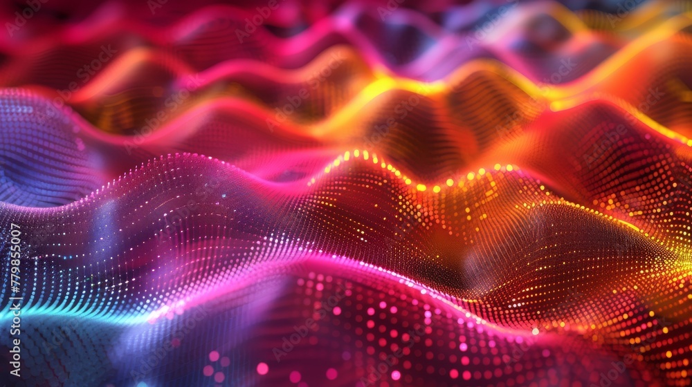 Poster Visualization of big data. Musical stream of sounds. Abstract background with overlapping dots. 3D rendering.