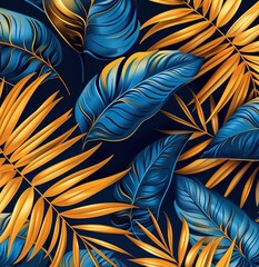 An elegant pattern of gold and blue leaves - a luxurious, vibrant display of metallic foliage against a dark background