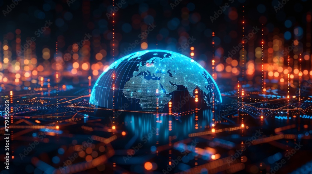 Poster A 3D rendering of graphs and charts over a globe map background. Abstract blue color palette.