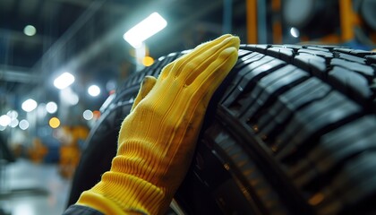 A professional mechanic inspects and processes car tires in an auto repair shop, paying special attention to the hands and the tire tread.