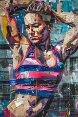 graffiti portrait of a determined female rugby player. Clad in a pink and blue striped rugby shirt meticulously crafted from newspaper clippings and magazine cutouts, she flexes her muscles