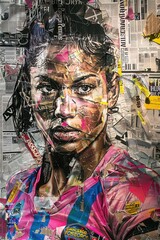 A dynamic graffiti artwork depicts a determined female rugby player in a unique pink and blue striped jersey, meticulously constructed from colorful newspaper clippings and magazine cutouts