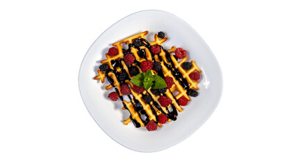 Viennese or Belgium Waffles with Berries and Chocolate Topping on a white Plate. Sweet Dessert, Delicious Food. PNG Design Element.  - 779855281