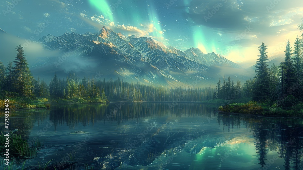 Poster a painting of a mountain range with a lake in front and trees beyond