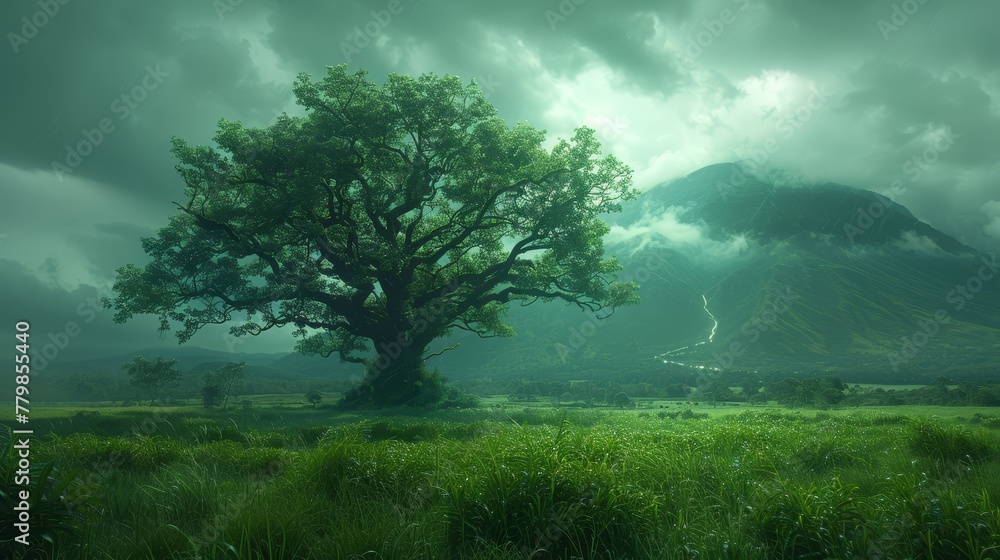 Poster a large tree sits in the middle of a lush green field a mountain ranges in the background