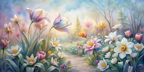 Beautiful Spring Flowers painted with watercolor, Spring Watercolor flowers, Spring Background 