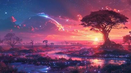 Cybernetic savanna, twilight, hightech wildlands , vibrant color