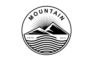 Mountain, Sea Ocean Wave and Sun for Vintage Adventure Outdoor Traveling Label Stamp logo design