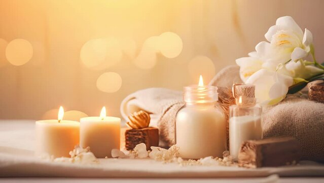 treatment composition such as Towels, candles, essential oils, Massage Stones on light wooden background. blur living room, natural creams and moisturizing Healthy lifestyle, body care