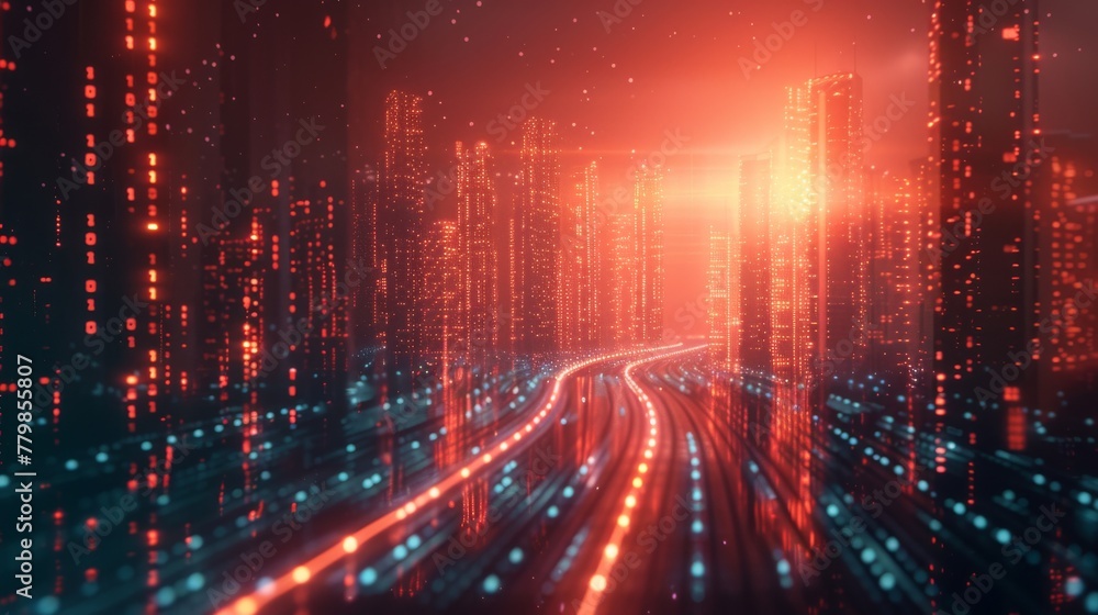 Poster Rendering of an abstract highway path in a city, going through four digital binary towers. Concept for big data, machine learning, artificial intelligence, hyper loops, virtual reality, high-speed