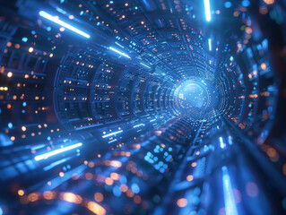sfondo di tunnel futuristico blu , sci-fi, tunnel del futuro con luci al neon  - obrazy, fototapety, plakaty