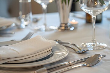 Chic and elegant, silver-plated cutlery and white plates, table setting.