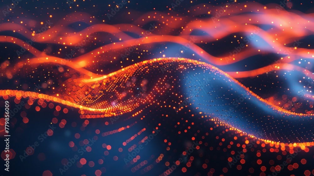 Poster Water drop wave with gradient dynamic lines and dots. Digital background. Network of neon lines and dots. 3D rendering.