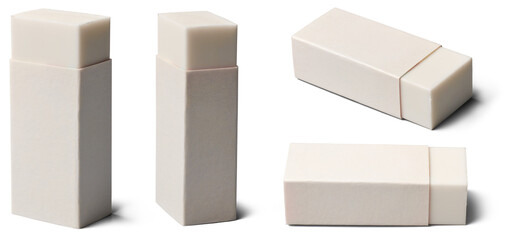 set of rubber erasers isolated white background, traditional rectangular shaped block erasers made...