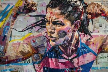 A dynamic graffiti artwork depicts a determined female rugby player in a unique pink and blue striped jersey, meticulously constructed from colorful newspaper clippings and magazine cutouts