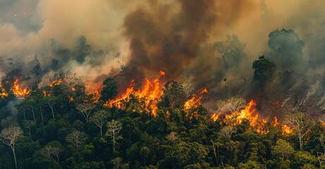 Fototapeta na wymiar A devastating wildfire engulfs a lush forest: a powerful display of nature's fury and beauty amid chaos