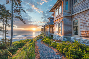 A coastal Craftsman home with shingle siding, a panoramic view deck, and a path leading down to a private beach, blending traditional charm with a maritime setting. - obrazy, fototapety, plakaty