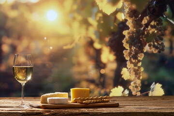 picturesque scene featuring a wine glass and cheese appetizers with grape trees in the background,...
